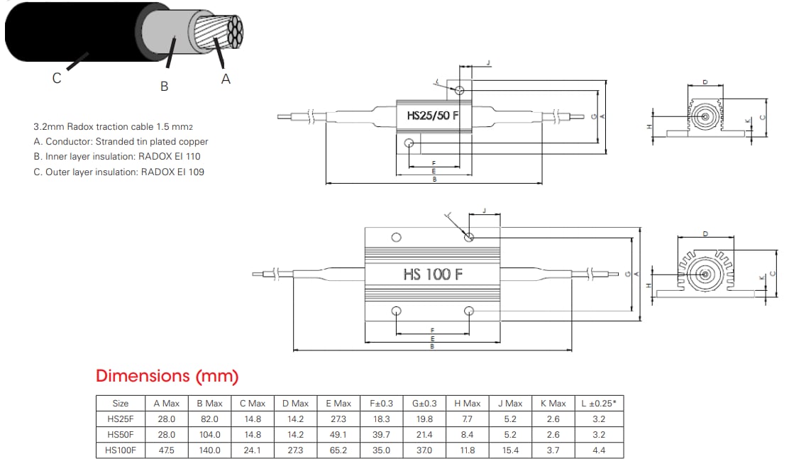 Mechanical Drawing - ARCOL / Ohmite HSF Cable Leaded Aluminium Housed Resistors Mechanical Drawing - ARCOL / Ohmite HSF Cable Leaded Aluminium Housed Resistors